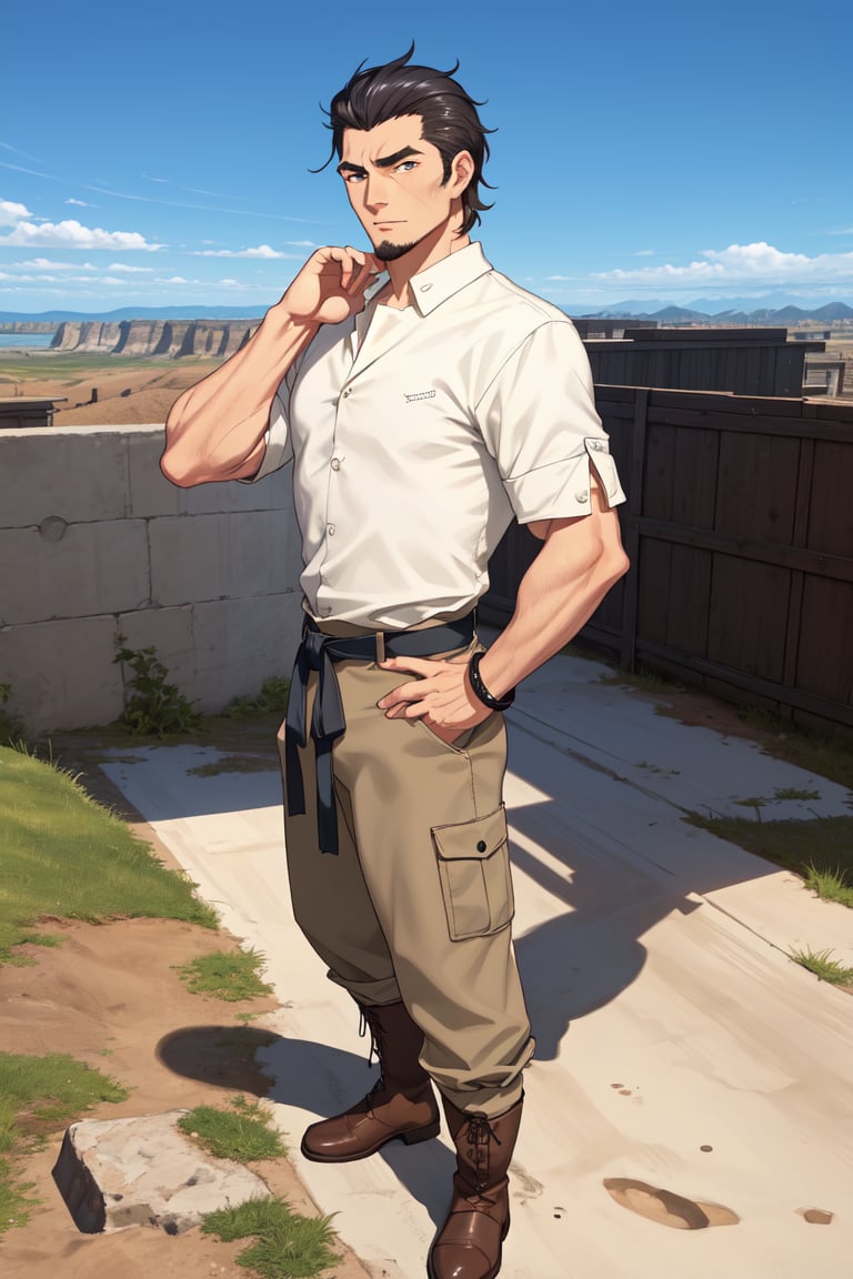 (1 image only), solo male, Kaburagi, Deca Dence, greying black hair, slicked back hair, thick eyebrows, sideburns, goatee, green eyes, scar, tucked-in wide necked short-sleeved white shirt, sleeves tucked up and buttoned, short sleeves, olive wide worker pants, black belt tied, brown boots. simplpe leather bracelet, toned male, mature, handsome, charming, alluring, standing, hand on waist, perfect anatomy, perfect proportions, best quality, masterpiece, high_resolution, dutch angle, outdoors, day, blue sky, science fiction, citadel on sky, photo background, better_hands, (perfect hand, perfect fingers:1.4)