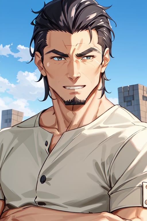 (1 image only), solo male, Kaburagi, Deca Dence, greying black hair, slicked back hair, thick eyebrows, sideburns, goatee, green eyes, scar, tucked-in wide necked short-sleeved white shirt, sleeves tucked up and buttoned, short sleeves, olive wide worker pants, black belt tied, brown boots. simpple leather bracelet, toned male, mature, handsome, charming, alluring, grin, (portrait, close-up), perfect anatomy, perfect proportions, best quality, masterpiece, high_resolution, dutch angle, outdoors, day, blue sky, science fiction, citadel on sky, photo background, (bare neck)