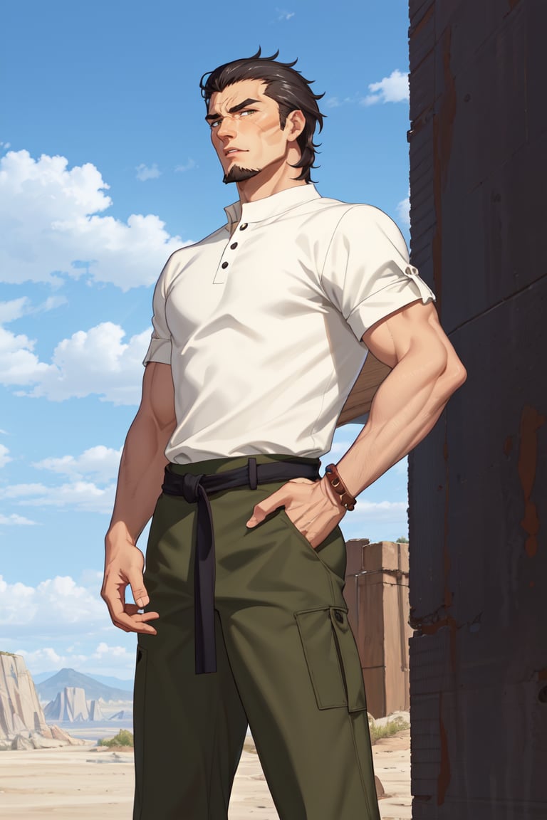 (1 image only), solo male, Kaburagi, Deca Dence, greying black hair, slicked back hair, thick eyebrows, sideburns, goatee, green eyes, scar, tucked-in wide necked short-sleeved pure white shirt, sleeves tucked up and buttoned, short sleeves, olive wide worker pants, black belt tied, brown boots. simplpe leather bracelet, toned male, mature, handsome, charming, alluring, standing, hand on waist, perfect anatomy, perfect proportions, best quality, masterpiece, high_resolution, dutch angle, outdoors, day, blue sky, science fiction, citadel on sky, photo background, better_hands, (perfect hand, perfect fingers:1.4)