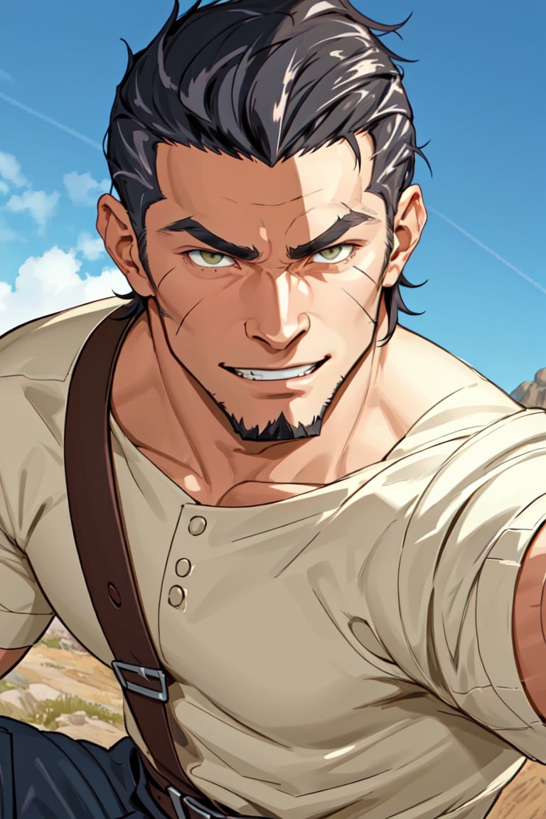 (1 image only), solo male, Kaburagi, Deca Dence, greying black hair, slicked back hair, thick eyebrows, sideburns, goatee, green eyes, scar, tucked-in wide necked short-sleeved pure white shirt, sleeves tucked up and buttoned, short sleeves, olive wide worker pants, black belt tied, brown boots. simpple leather bracelet, toned male, mature, handsome, charming, alluring, grin, (portrait, close-up), perfect anatomy, perfect proportions, best quality, masterpiece, high_resolution, dutch angle, outdoors, day, blue sky, science fiction, citadel on sky, photo background, bare neck,