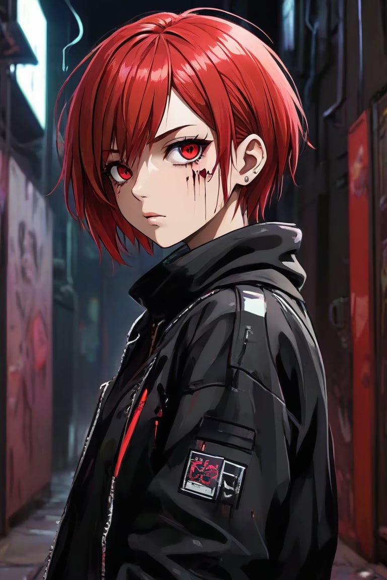 anime teenage girl on a cyberpunk bacstreet alley, teary eyes, teenage outfit, black and red hair, serious fashion style, dark theme style, punk style, short hair, black background, black paint dripping heavily from eyes and mouth