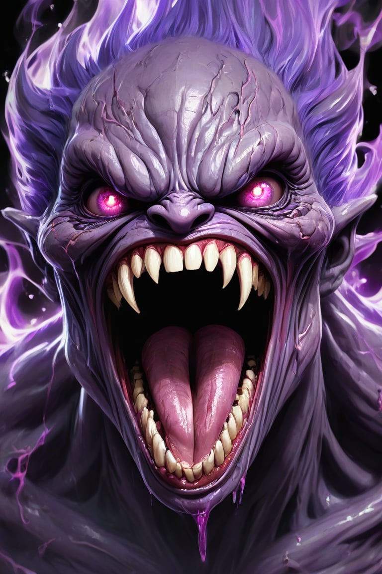 close up of a demon face monster turning into smoke,screaming out or dispair ,losing on thin air, inspired by Alberto Seveso, portrait of an android, fractal human silhouette, realistic 3 d render, subject made of smoke skin, made of purple flame, thunder and portal and dark magic and starlight, ((glowing pupils, close up, detailed eyes)),demon, crying, tears, monster sticking its tongue out of its mouth,very long tongue ,Licking tongue, Slimy tongue, Tongue sticking out, large tongue,big jaws,long sharp teeth, wet white shirt,