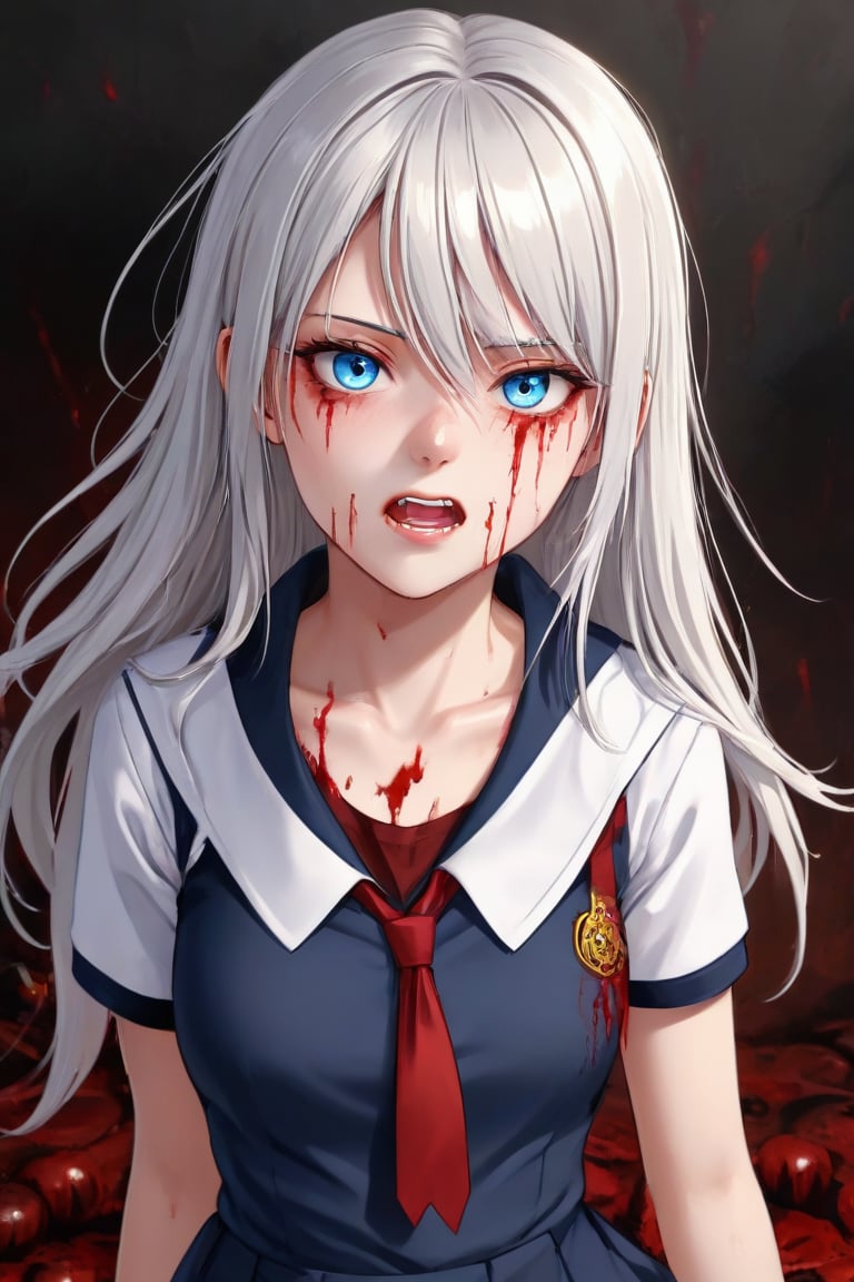 girl with a pretty face, white hair, blue eyes, (((sexy school uniform))), wearing a stylish very sexy school uniform, with a funny expression on her face, Hellwalker, incombing death, hell, black bloody veins growing and intertwining out of the darkness, oozing thick yellow blood, veins growing and pumping blood, detailed eyes, 4k, ultra-realistic, ultra-detailed, insane quality, trending on Art Station, NGC quality, UHD, HDR, intricate details