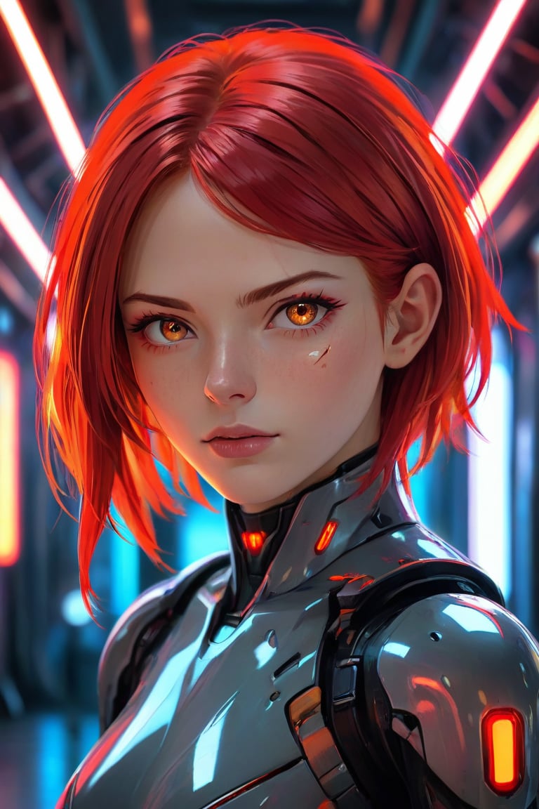 Best quality, Raw photo, face portrait, a young cyborg woman with fiery red hair. Her face fills the frame, bathed in neon hues, exuding determination and mystery amidst a futuristic backdrop