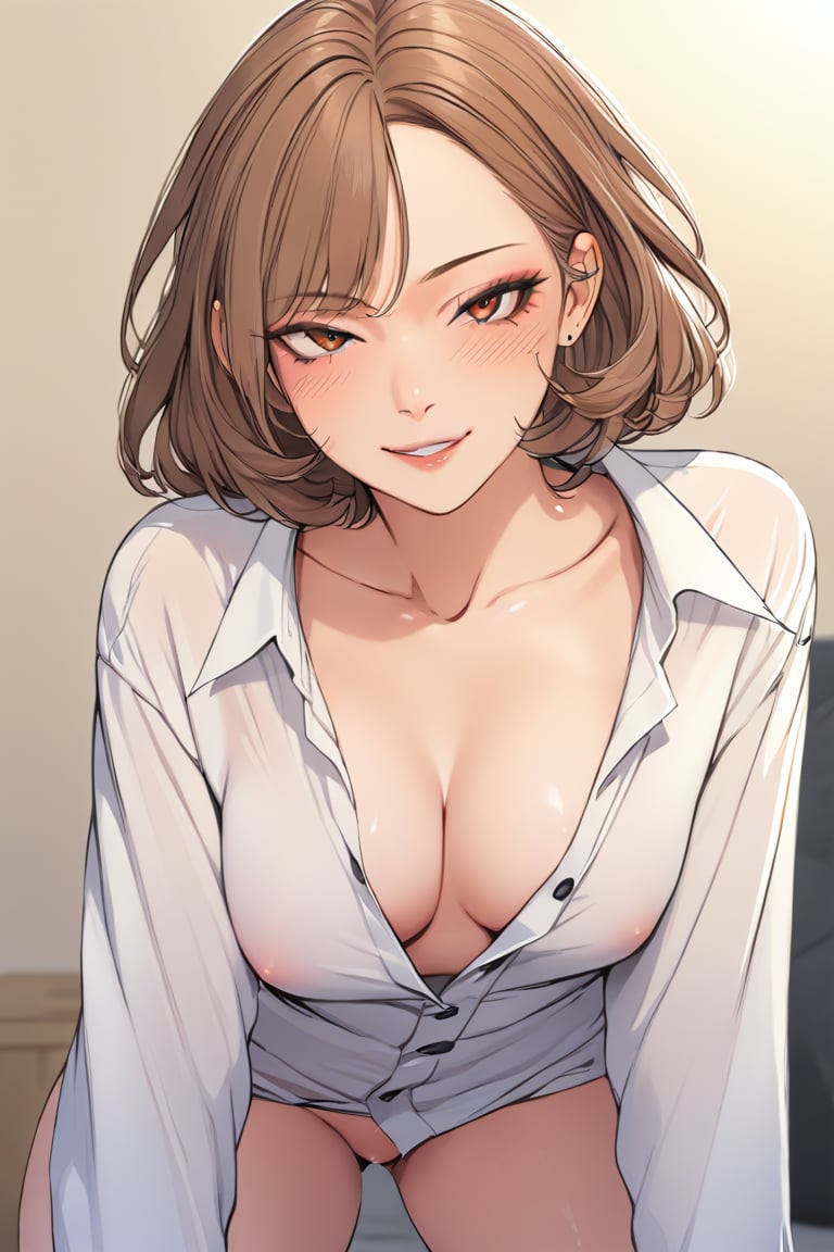 1girl,smug_expression,thighs,girlfiend,domination,buttoned_shirt,beige_body,tanlines,tan_lines,collarbone,abdomen_line,navel,toned_stomach,large_shirt,solo, looking at viewer, blush,brown_hair,curly_hair,hair_intakes, forehead,white_shirt,long_sleeve,oversized_shirt,smirk,sharp_gaze,seductive,eyeliner,black_eyeliner,(masterpiece, best quality,high_resolution:1.3),detailed_face,official_art,BeyondSDXLv3,maiden 