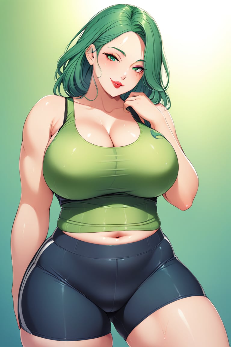 ,maiden, 1girl, tight_clothes,skin_tight, solo, long hair, looking at viewer, large breasts,green_hair,tank_top,toned_stomach, abdomen_line,oily_skin,glistening_skin, lipstick,plump_lips,thick_lips,smirk,shorts  (masterpiece, best quality,high_resolution:1.3),detailed_face,official_art,BeyondSDXLv3,maiden 