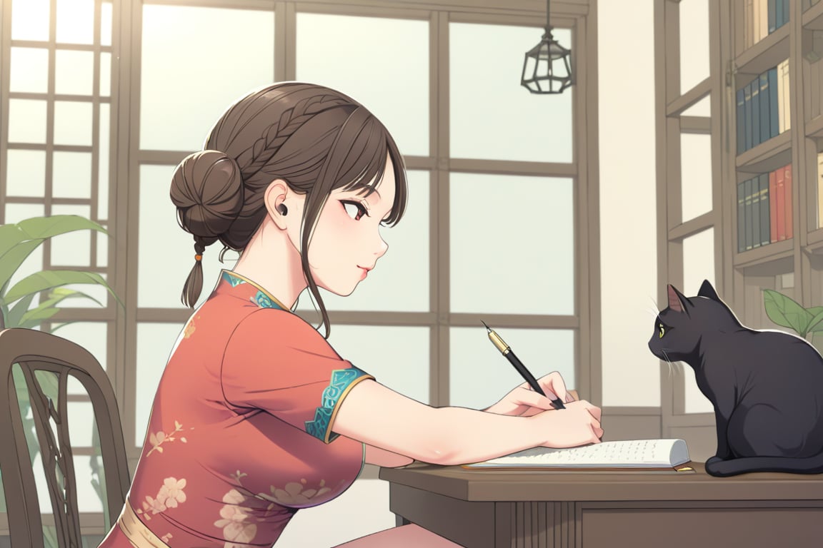  1girl, solo, long hair, bangs, brown hair, black hair, dress, sitting, braid, short sleeves, indoors, hair bun, twin braids, book, window, double bun, profile, headphones, chair, chinese clothes, table, cat, plant, china dress, desk, head rest, paper, bun cover, bookshelf, pen, potted plant, lamp, paintbrush, pencil, black cat, writing, lattice,(masterpiece, best quality,high_resolution:1.3),detailed_face,official_art,BeyondSDXLv3,maiden 