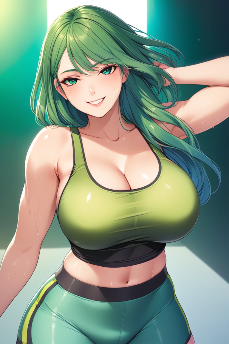 ,maiden, 1girl, tight_clothes,skin_tight, solo, long hair, looking at viewer, large breasts,green_hair,tank_top,toned_stomach, abdomen_line,oily_skin,glistening_skin,smirk,shorts  (masterpiece, best quality,high_resolution:1.3),detailed_face,official_art,BeyondSDXLv3,maiden 