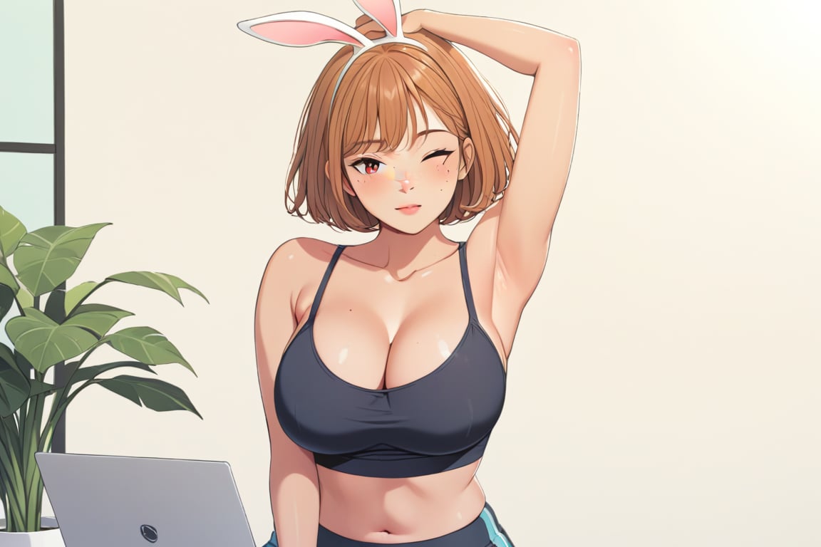 1girl, solo, breasts, looking at viewer, short hair, large breasts, animal ears, cleavage, brown eyes, medium breasts, sitting, closed mouth, tail, yellow eyes, one eye closed, shorts, indoors, dark skin, armpits, rabbit ears, dark-skinned female, animal ear fluff, short shorts, black shorts, plant, freckles, sports bra, rabbit girl, potted plant, stretching, computer, laptop, dolphin shorts, keyboard \(computer\), body freckles,(masterpiece, best quality,high_resolution:1.3),detailed_face,official_art,BeyondSDXLv3,maiden 