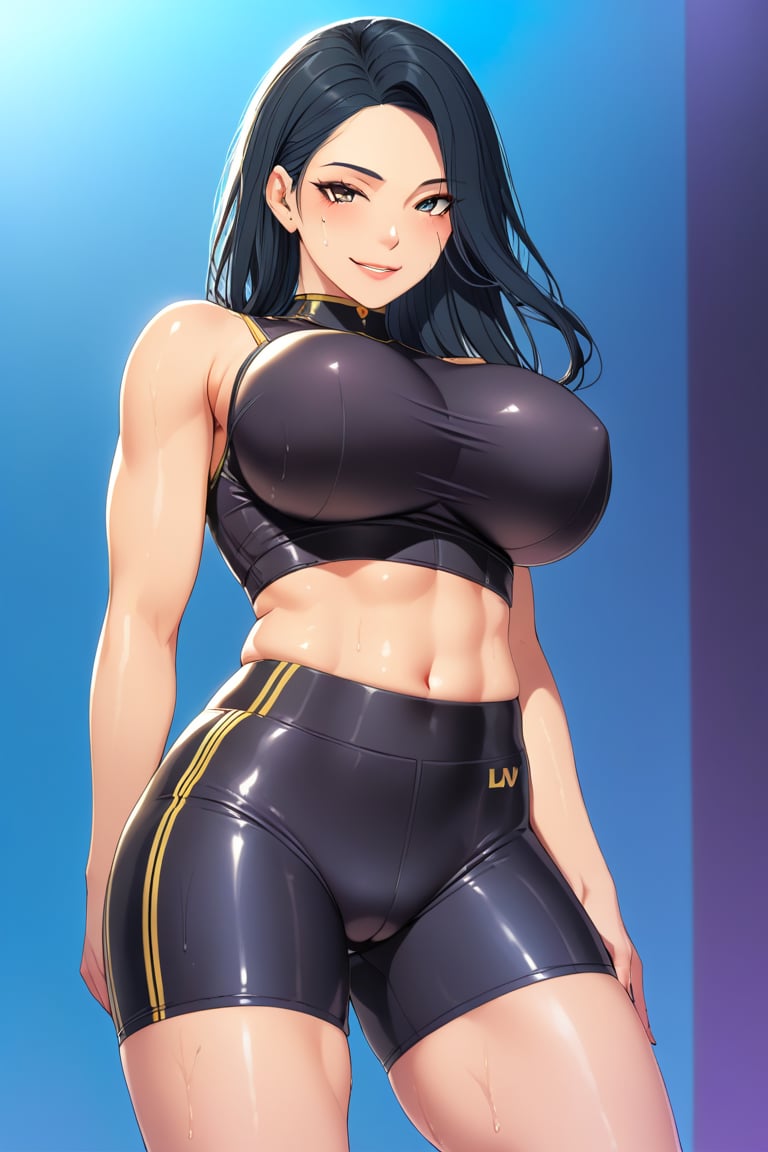 ,maiden, 1girl, tight_clothes,skin_tight, solo, long hair, looking at viewer, large breasts,black_hair,crop_top,toned_body,oily_skin,glistening_skin,smirk,shorts  (masterpiece, best quality,high_resolution:1.3),detailed_face,official_art,BeyondSDXLv3,maiden 