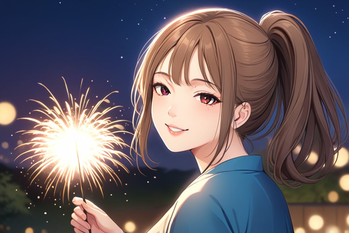 1girl, solo, long hair, looking at viewer, smile, brown hair, holding, brown eyes, upper body, ponytail, outdoors, parted lips, wide sleeves, from side, lips, fireworks, sparkler,(masterpiece, best quality,high_resolution:1.3),detailed_face,official_art,BeyondSDXLv3,maiden 