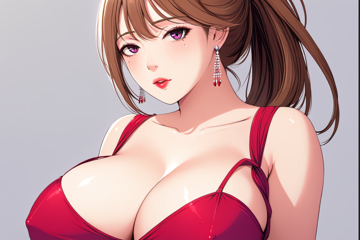 1girl, solo, long hair, breasts, looking at viewer, blush, simple background, brown hair, dress, cleavage, hair between eyes, bare shoulders, jewelry, purple eyes, upper body, ponytail, earrings, shiny, grey background, huge breasts, covered nipples, makeup, red dress, lipstick, letterboxed, strap pull,(masterpiece, best quality,high_resolution:1.3),detailed_face,official_art,BeyondSDXLv3,maiden 