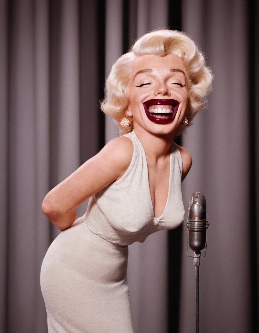 close-up photo of marilyn monroe happy singing on a stage in a dark jazz club with just one spotlight,<lora:EMS-260732-EMS:1.000000>