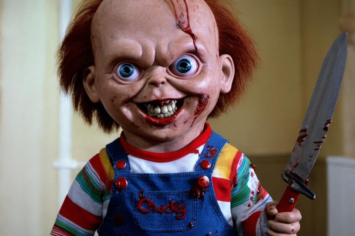 movie still of chucky with big eyes and big evil smile,  holding a bloody knife,  horror 1988,<lora:EMS-260732-EMS:1.000000>