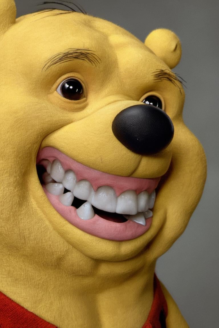 photo of anthropomorphic winnie the pooh,  big eyes and showing teeth,<lora:EMS-260732-EMS:1.000000>