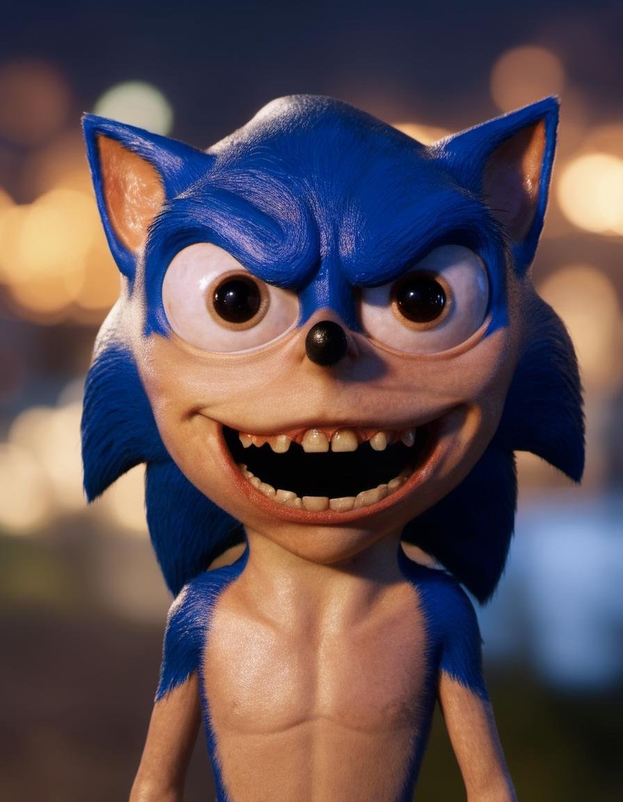 photo of creepy sonic,  big eyes and showing teeth,  game world background at night,  bokeh,<lora:EMS-260732-EMS:1.000000>