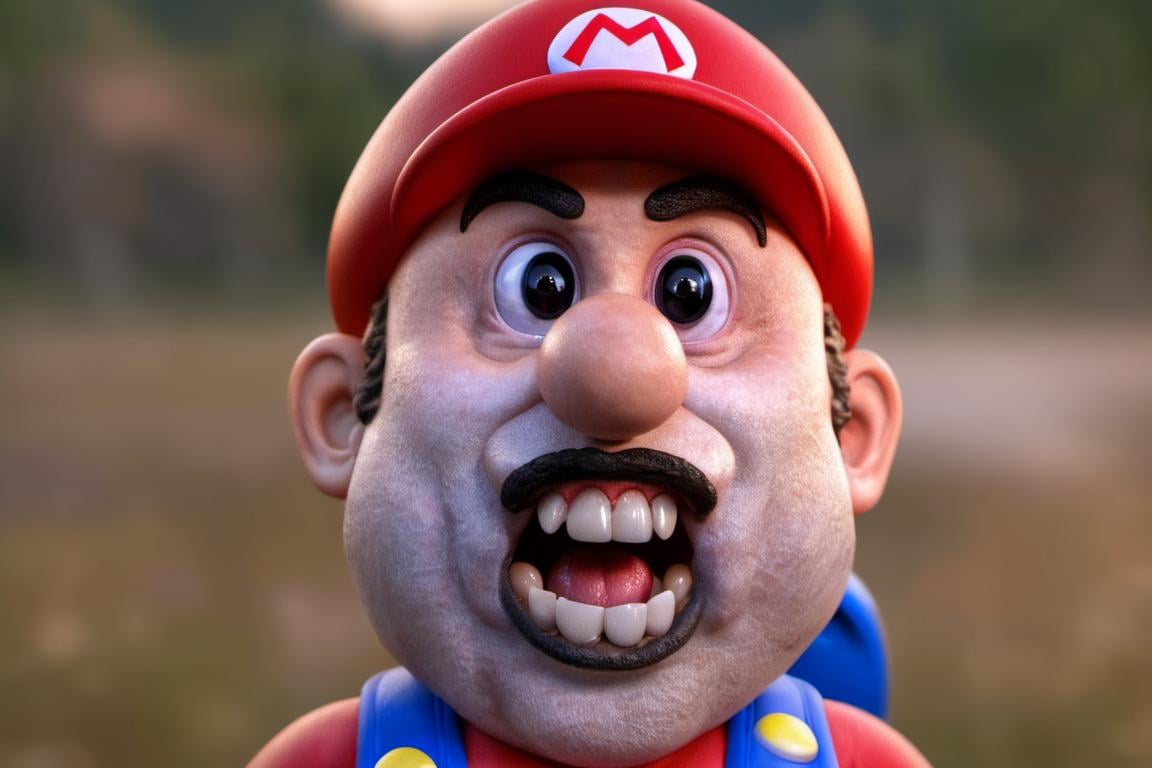 photo of creepy super mario,  big eyes happy and showing teeth,  game world background at night,  bokeh,<lora:EMS-260732-EMS:1.000000>