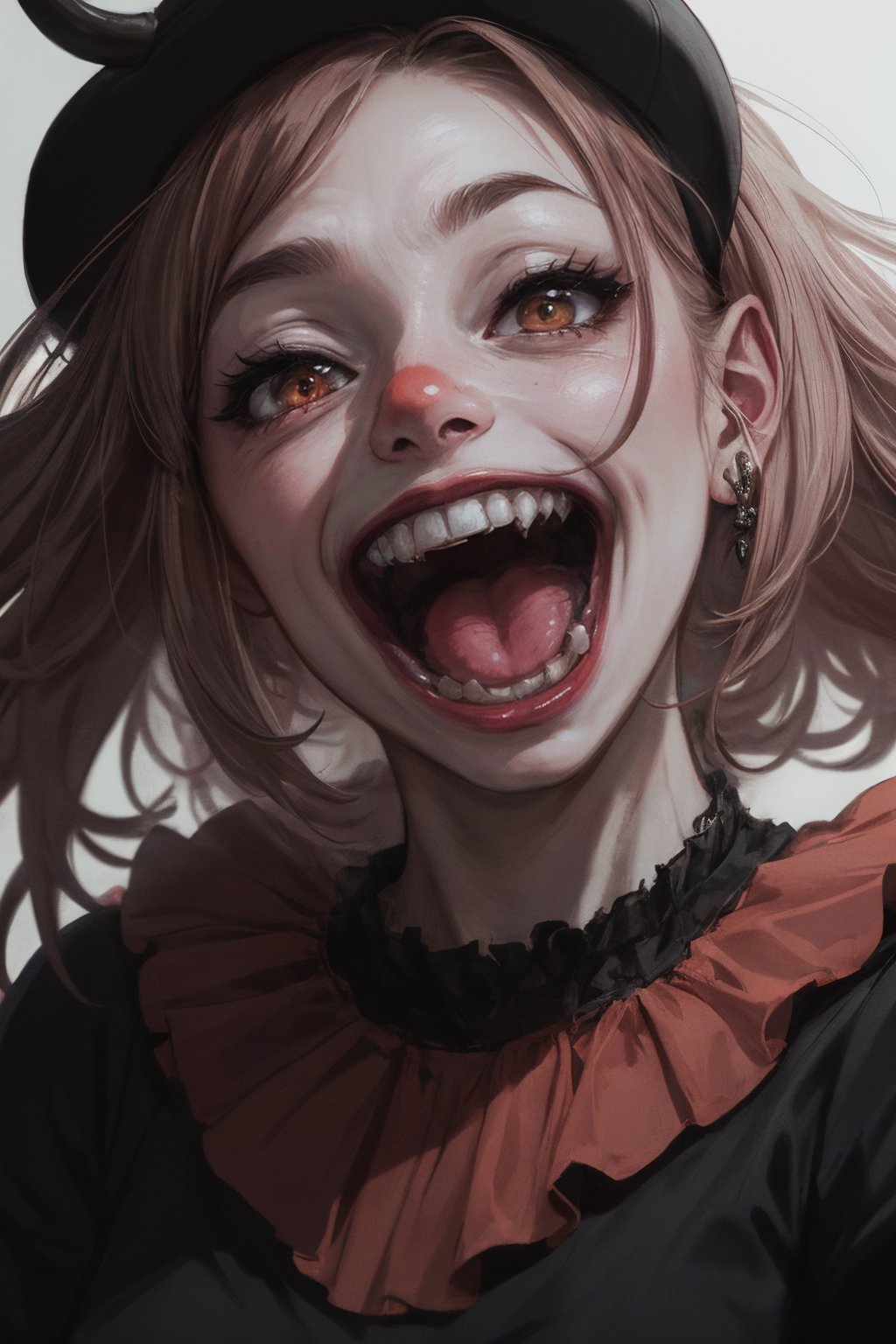 reate a hyper realistic image of clown demon laughing isterecly, creepy, looking terrifieng, high detailed , sharp focus, dark mood, dark lighting ,  ,Epicrealism