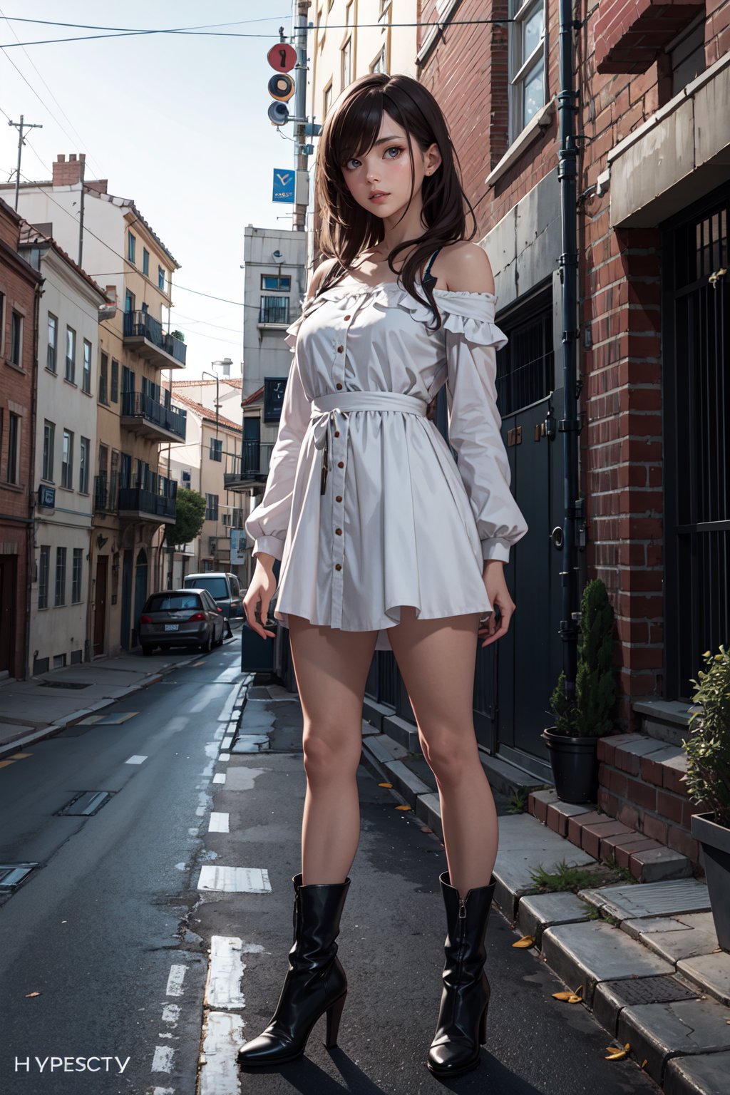 ,(face illuminated), (light face), light,1girl, brown hair, dress, long hair, outdoors, brown eyes, day, looking at viewer, hair ornament, high heels, hair flower, flower, solo, high heel boots, boots, white footwear, building, black dress, sky, full body, lips, solo focus, standing, white rose, street, bare shoulders, long sleeves, ankle boots.The background of the image features a brick building with a balcony. There are two staircases visible in the background, one located near the center of the image and another one further back. The building also has a red sign on it, which might be a decoration or a promotional sign,(full body:1.5),Masterpiece, colors, 3d octane render, 4k, concept art, trending on artstation, hyperrealistic, Vivid colors, extremely detailed CG unity 8k wallpaper, trending on ArtStation, trending on CGSociety, Intricate, High Detail, dramatic,(super detailed), (beautiful background, detailed background)