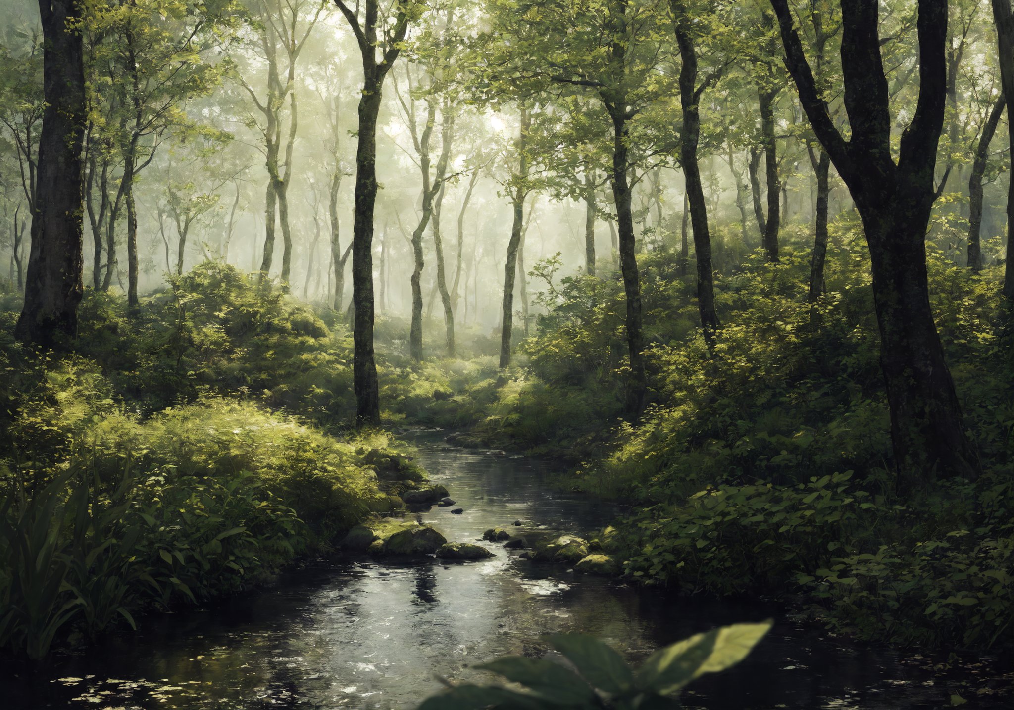 The image features a forest with a small stream running through it. The stream is surrounded by trees, creating a serene and natural atmosphere. The water appears to be calm, with no visible ripples or waves. The forest is filled with trees of various sizes, some closer to the stream and others further away. The scene is reminiscent of a postcard, capturing the beauty of nature in its, The image features a forest at night with a dimly lit ambiance. The trees are covered in leaves, and the forest appears to be wet from recent rain. The lighting in the scene is soft and diffused, creating a serene and peaceful atmosphere. The combination of the wet forest and the soft lighting evokes a sense of calmness and tranquility, making it an ideal setting for a quiet walk or a moment of reflection., (Extremely Detailed Oil Painting:1.2), glow effects, godrays, Hand drawn, render, 8k, octane render, cinema 4d, blender, dark, atmospheric 4k ultra detailed, cinematic sensual, Sharp focus, humorous illustration, big depth of field, Masterpiece, colors, 3d octane render, 4k, concept art, trending on artstation, hyperrealistic, Vivid colors, extremely detailed CG unity 8k wallpaper, trending on ArtStation, trending on CGSociety, Intricate, High Detail, dramatic