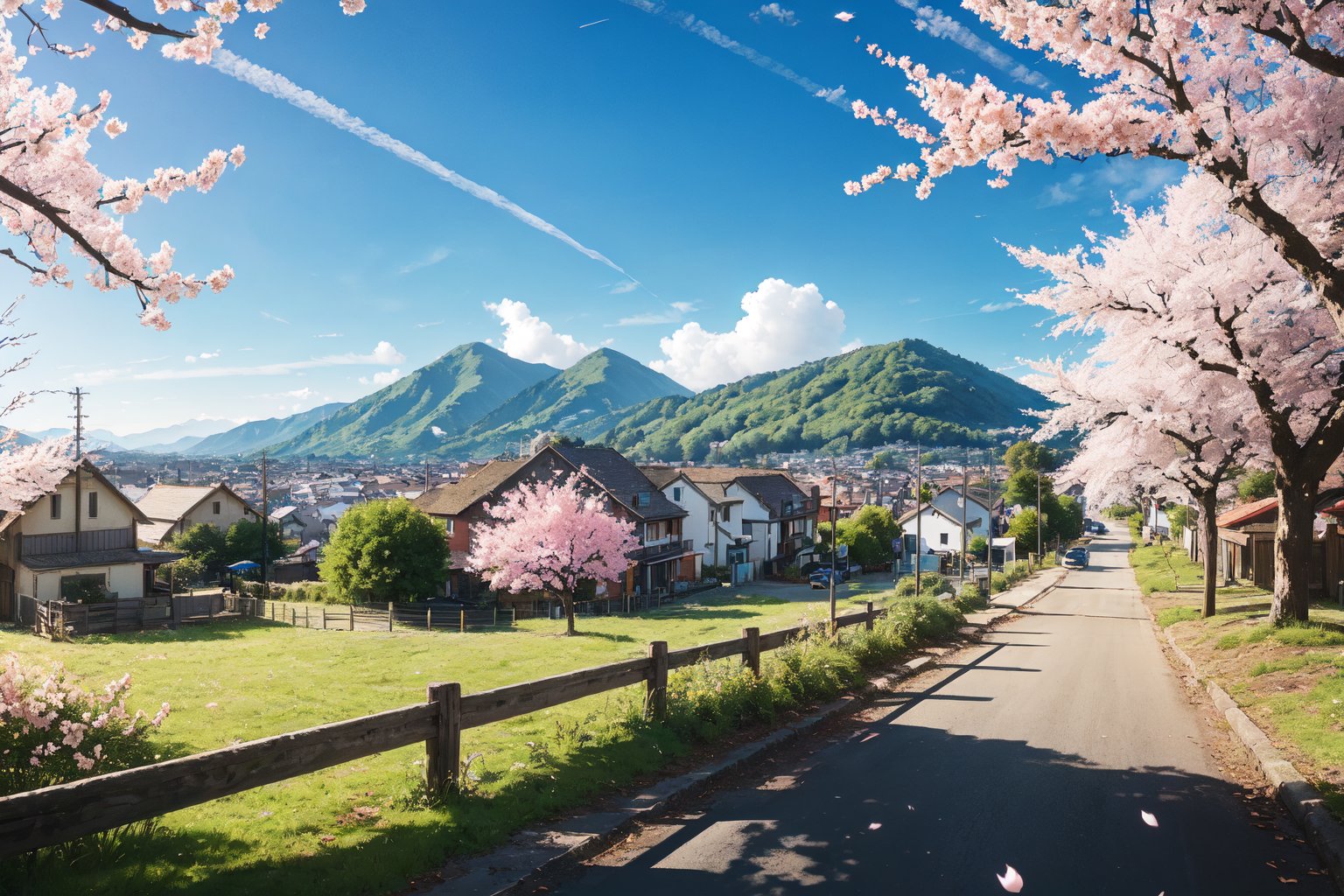 outdoors, sky, day, tree, blue sky, no humans, plant, building, scenery, mountain, city, road, cityscape, house, power lines, town, balcony, real world location, cherry blossom, flower, nature, tree, spring.