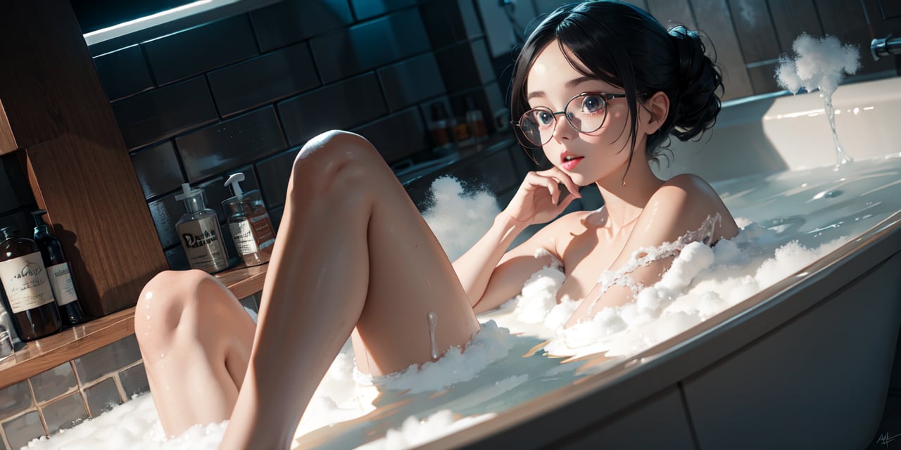 bubble bath, foam mustache, (covered in foam), frosted glasses, take a bath, dutch angle, feet out of frame, (cute girl), (Extremely Detailed Oil Painting:1.2), glow effects, godrays, Hand drawn, render, 8k, octane render, cinema 4d, blender, dark, atmospheric 4k ultra detailed, cinematic sensual, Sharp focus, humorous illustration, big depth of field, Masterpiece, colors, 3d octane render, 4k, concept art, trending on artstation, hyperrealistic, Vivid colors, extremely detailed CG unity 8k wallpaper, trending on ArtStation, trending on CGSociety, Intricate, High Detail, dramatic,(super detailed), (beautiful background, detailed background),masterpiece, 