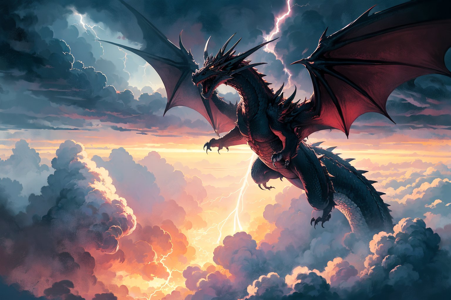 Generate hyper realistic image of a colossal dragon soaring amidst stormy clouds, its wings causing thunder to rumble. The electric arcs dancing across its scales and the roiling storm clouds create a dramatic spectacle in the sky, showcasing the dragon's dominance over the tempest.up close , 4k,style,Dragon,