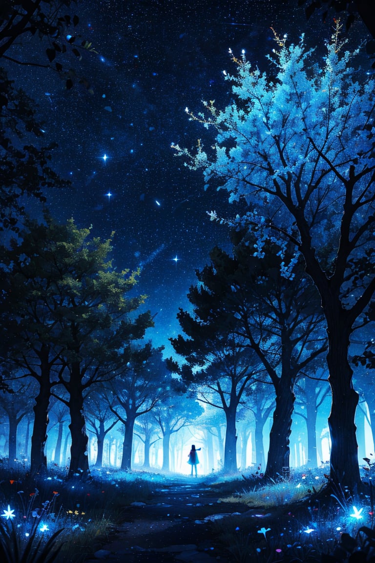 (masterpiece),  best quality,  high resolution,  highly detailed,  detailed background,  cinematic light,  1 girl,  (woman body),  night,  dark sky,  luminous tree,  giant tree,  white bark with blue luminous veins,  white leaves,  stars,  blue tones,  wallpapers,  high quality,  glow,  magic,,,High detailed ,Color magic