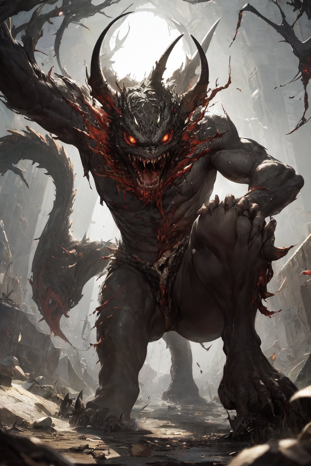 Generate hyper realistic image of a horrifying amalgamation of various animal parts, stitched together with malevolent intent. Its body is a grotesque patchwork of mismatched limbs, each ending in claws or talons that can tear through flesh and bone. Its eyes, mismatched and bloodshot, seem to radiate an aura of pure malevolence, while its maw is lined with fangs that glisten with a venomous green. Its movements are unnaturally swift and agile, as it prowls through the shadows, leaving a trail of terror in its wake.Dragon