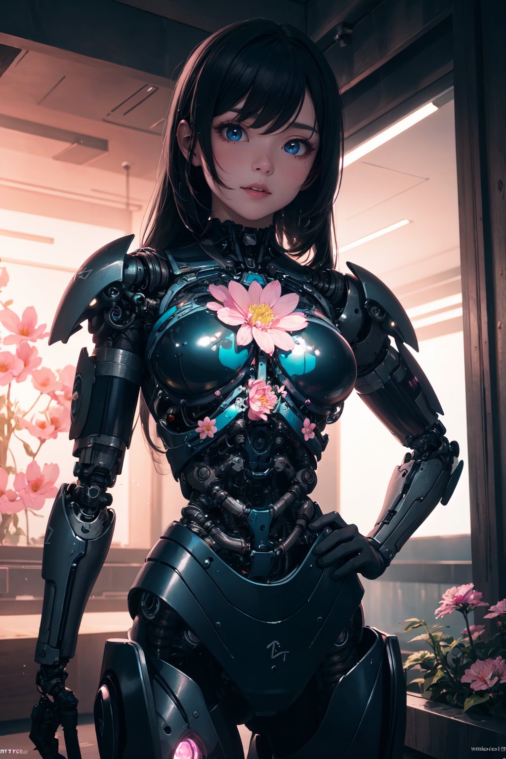 (Full shot:1.5),figure of biomechanical cyborg little girl made of glass was (picking a flower by hands), transparent, see-through intricated interal mechanical metal part, metal array, hi-tech, sci-fi, difficult, chip, circuit, post-production, elegan, teal and pearl white , ((She was picking pink flowers)) ,flower garden, outdoor,high_res,cyborg style,,,Masterpiece, colors, 3d octane render, 4k, concept art, trending on artstation, hyperrealistic, Vivid colors, extremely detailed CG unity 8k wallpaper, trending on ArtStation, trending on CGSociety, Intricate, High Detail, dramatic,(super detailed), (beautiful background, detailed background),(front lighting:1.5)