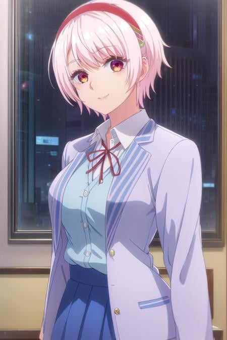 renanatsukawa, <lora:rena natsukawa s1-lora-nochekaiser:1>,rena natsukawa, short hair, hairband, pink hair, (red eyes:1.3), red hairband, smile,BREAK skirt, shirt, jacket, collared shirt, neck ribbon, jacket on shoulders, white shirt, cardigan, blue cardigan, blue jacket,BREAK indoors, classroom,BREAK looking at viewer, (cowboy shot:1.5),BREAK <lyco:GoodHands-beta2:1>, (masterpiece:1.2), best quality, high resolution, unity 8k wallpaper, (illustration:0.8), (beautiful detailed eyes:1.6), extremely detailed face, perfect lighting, extremely detailed CG, (perfect hands, perfect anatomy),