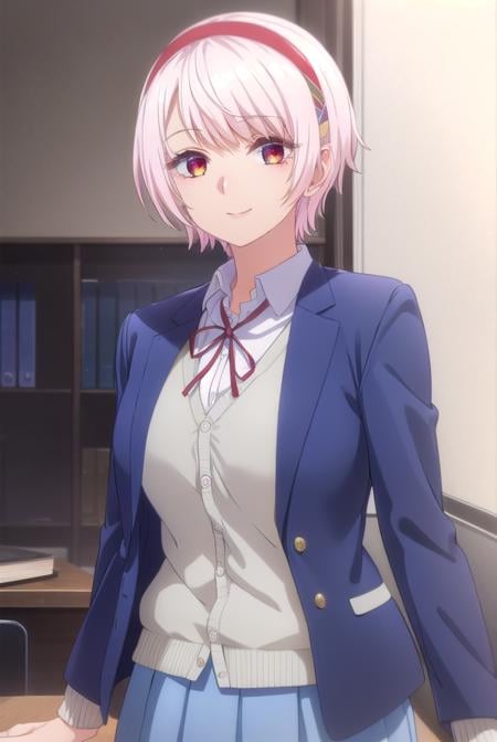 renanatsukawa, <lora:rena natsukawa s1-lora-nochekaiser:1>,rena natsukawa, short hair, hairband, pink hair, (red eyes:1.3), red hairband, smile,BREAK skirt, shirt, jacket, collared shirt, neck ribbon, jacket on shoulders, white shirt, cardigan, blue cardigan, blue jacket,BREAK indoors, classroom,BREAK looking at viewer, (cowboy shot:1.5),BREAK <lyco:GoodHands-beta2:1>, (masterpiece:1.2), best quality, high resolution, unity 8k wallpaper, (illustration:0.8), (beautiful detailed eyes:1.6), extremely detailed face, perfect lighting, extremely detailed CG, (perfect hands, perfect anatomy),