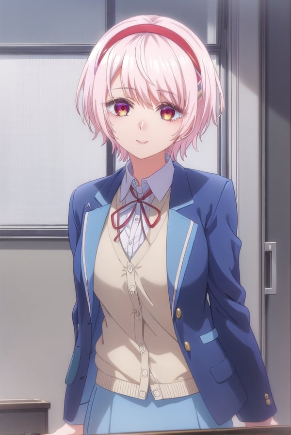 renanatsukawa, <lora:rena natsukawa s1-lora-nochekaiser:1>,rena natsukawa, short hair, hairband, pink hair, (red eyes:1.3), red hairband, smile,BREAK skirt, shirt, jacket, collared shirt, neck ribbon, jacket on shoulders, white shirt, cardigan, blue cardigan, blue jacket,BREAK indoors, classroom,BREAK looking at viewer, (cowboy shot:1.5),BREAK <lyco:GoodHands-beta2:1>, (masterpiece:1.2), best quality, high resolution, unity 8k wallpaper, (illustration:0.8), (beautiful detailed eyes:1.6), extremely detailed face, perfect lighting, extremely detailed CG, (perfect hands, perfect anatomy),