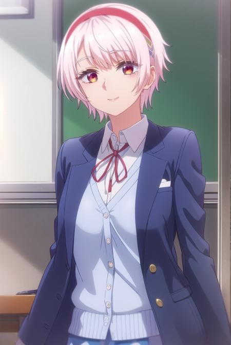 renanatsukawa, <lora:rena natsukawa s1-lora-nochekaiser:1>,rena natsukawa, short hair, hairband, pink hair, (red eyes:1.3), red hairband, smile,BREAK skirt, shirt, jacket, collared shirt, neck ribbon, jacket on shoulders, white shirt, cardigan, blue cardigan, blue jacket,BREAK indoors, classroom,BREAK looking at viewer, (cowboy shot:1.5),BREAK <lyco:GoodHands-beta2:1>, (masterpiece:1.2), best quality, high resolution, unity 8k wallpaper, (illustration:0.8), (beautiful detailed eyes:1.6), extremely detailed face, perfect lighting, extremely detailed CG, (perfect hands, perfect anatomy),