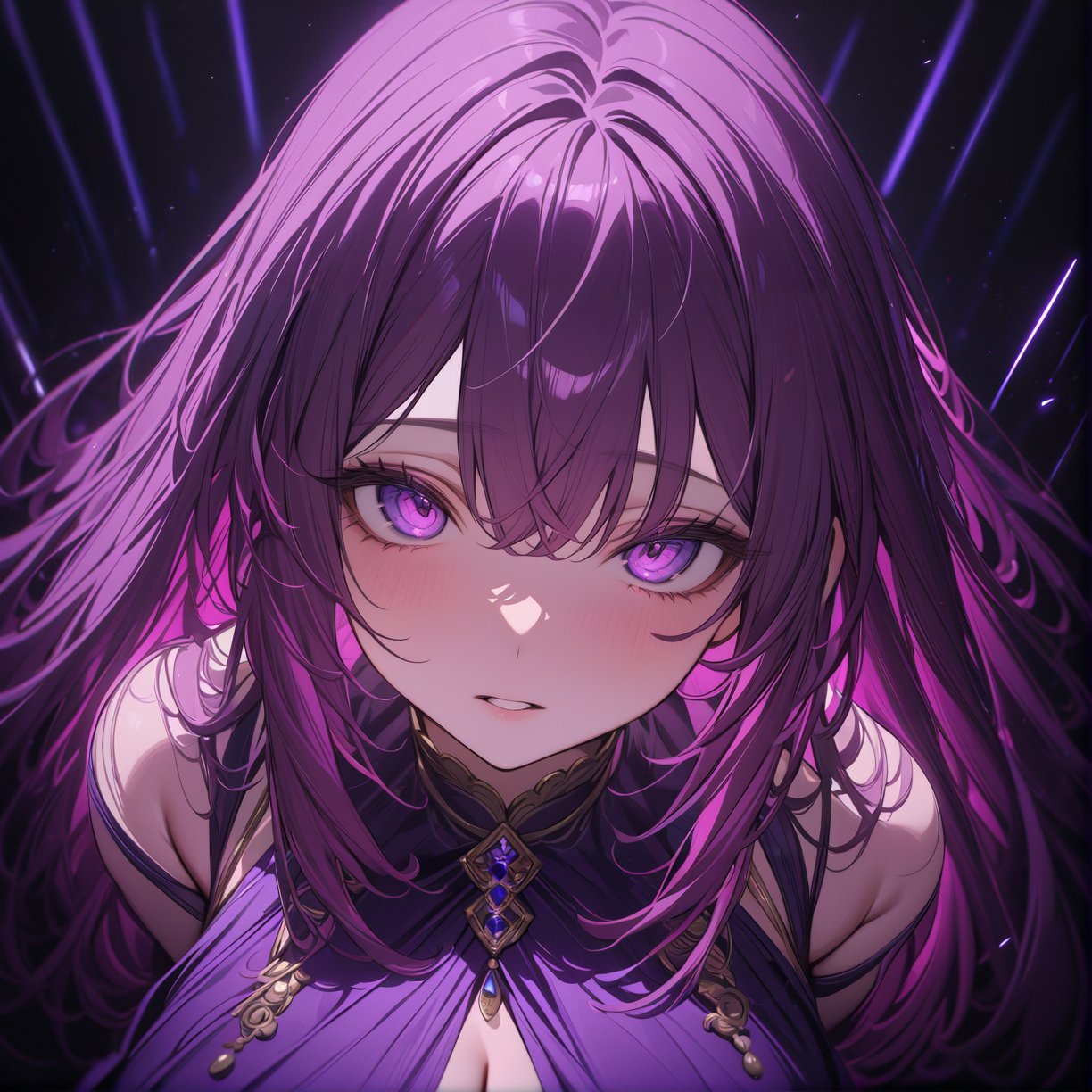 ((masterpiece, best quality)), newest, 1girl, solo, purple hair, straight hair, purple eyes, intricate eyes, purple dress, dark background, depth of field, lighting from above, exquisite, highly aesthetic, vibrant, 4k, close up