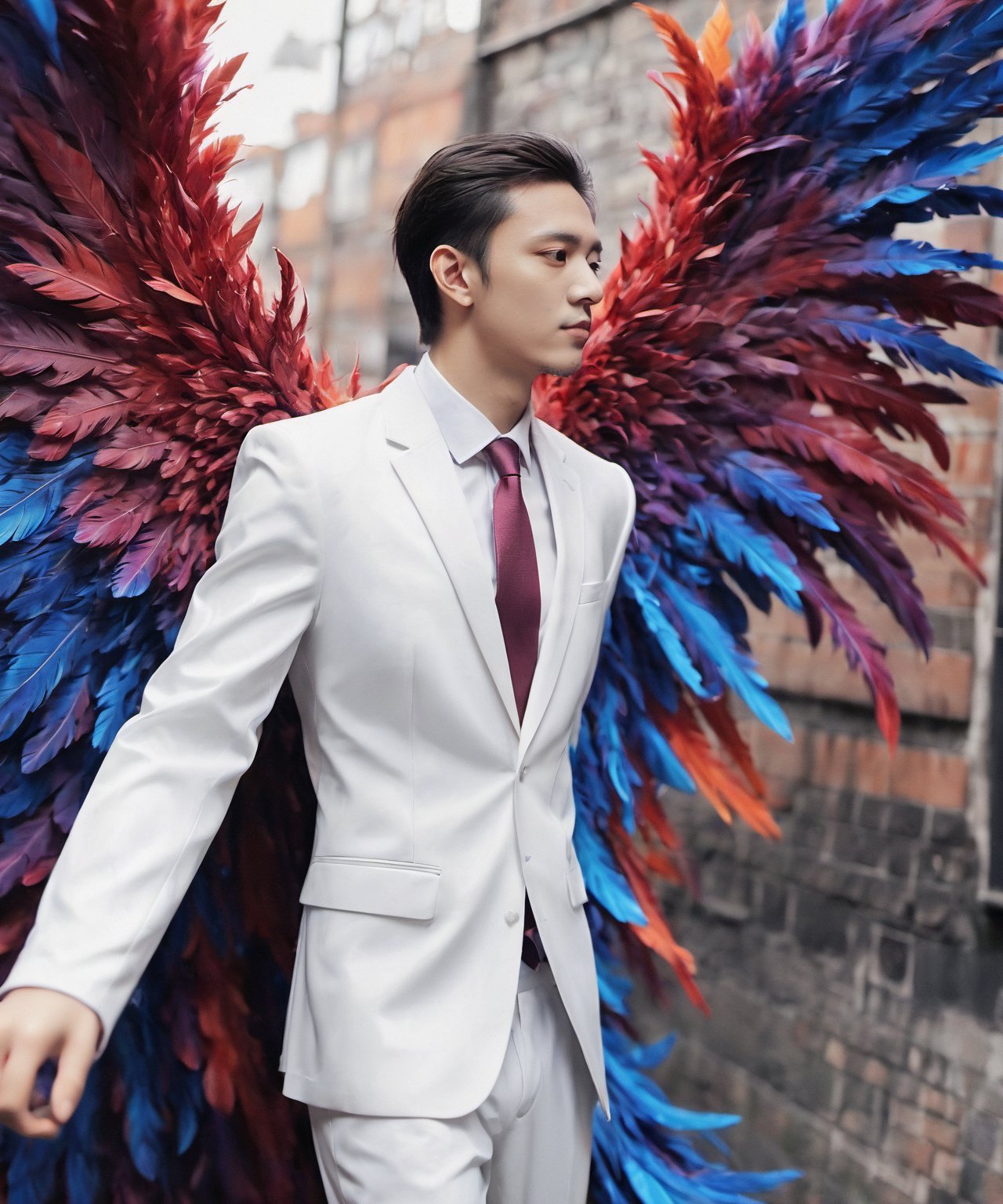 Create an image of a young man wearing a suit, featuring vibrant, dark and blue wings extending from his back. Random movement The background should be plain white, emphasizing the contrast and detailing of the beauty wings and the sharpness of the suit. The man should appear poised and elegant, with the wings unfurled to showcase a spectrum of vivid hues, blending seamlessly from one color to another. The focus should be on the meticulous details of the wings’ feathers and the suit’s fabric, capturing a harmonious blend of natural and refined elements, wings,Stylish, close up,l3min,xxmixgirl