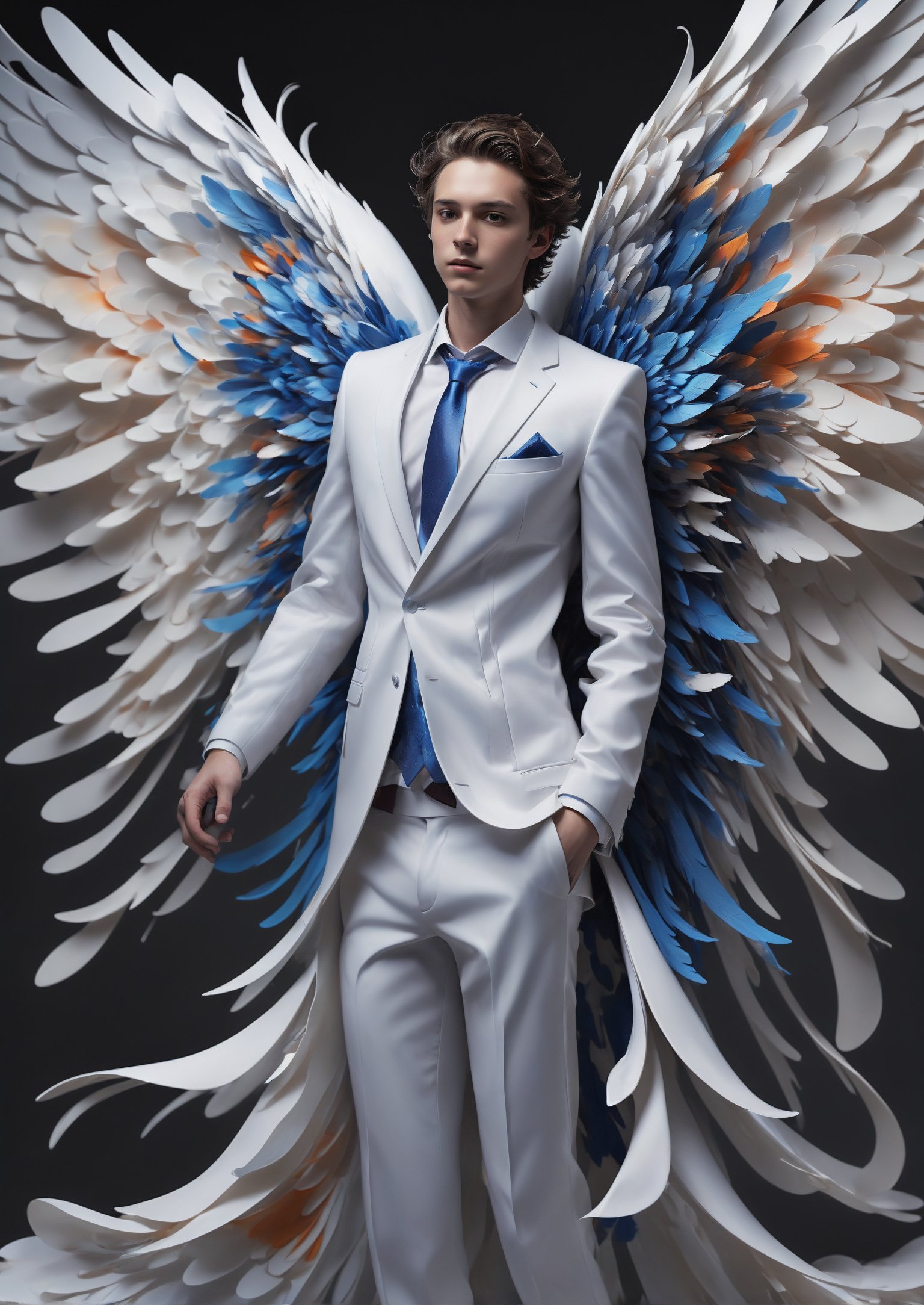 Create an image of a young man wearing a suit, featuring vibrant, dark and blue wings extending from his back. Random movement The background should be plain white, emphasizing the contrast and detailing of the beauty wings and the sharpness of the suit. The man should appear poised and elegant, with the wings unfurled to showcase a spectrum of vivid hues, blending seamlessly from one color to another. The focus should be on the meticulous details of the wings’ feathers and the suit’s fabric, capturing a harmonious blend of natural and refined elements, wings,Stylish, close up,l3min,xxmixgirl
