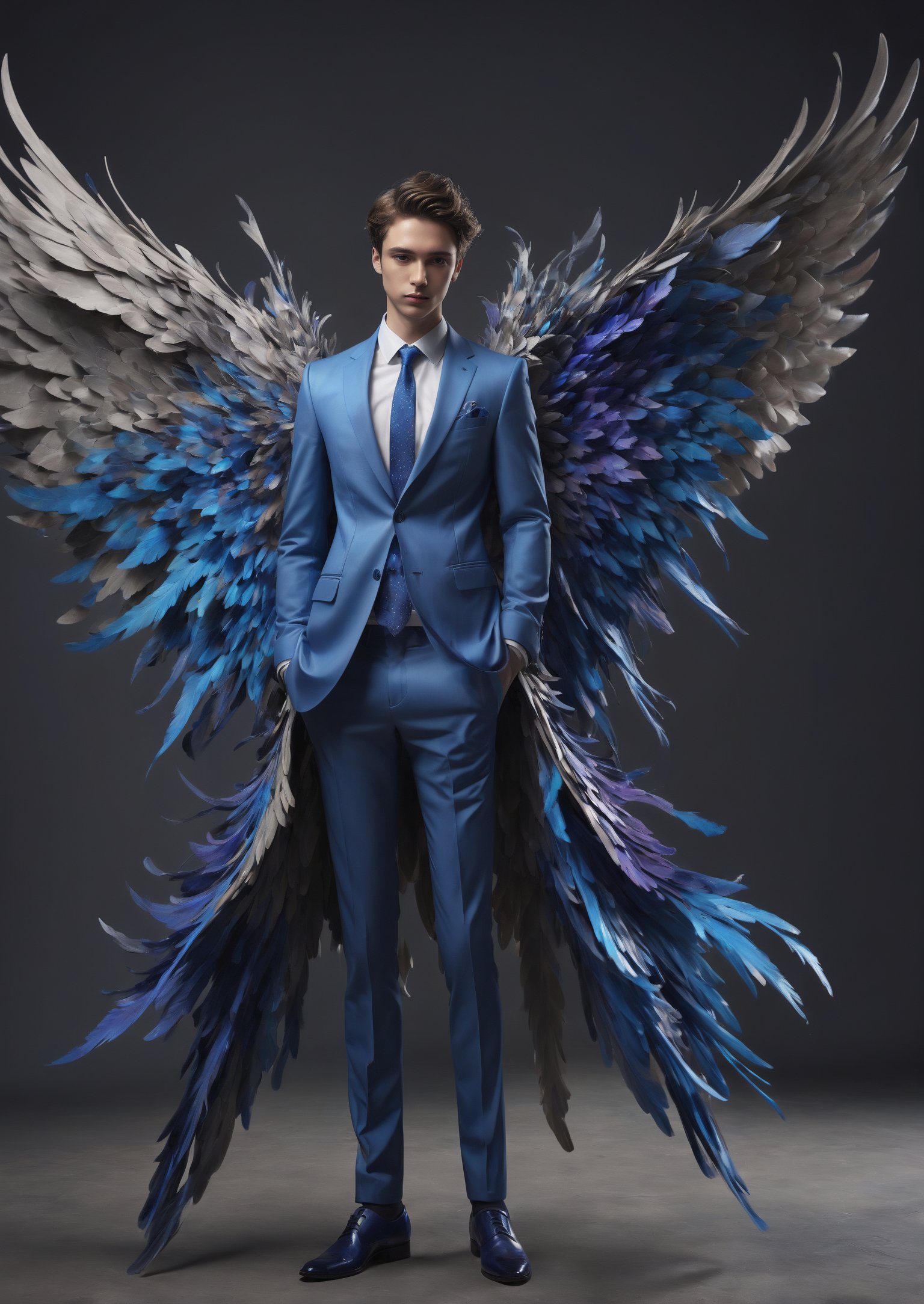 Create an image of a young man wearing a suit, featuring vibrant, dark and blue wings extending from his back. Random movement The background should be plain white, emphasizing the contrast and detailing of the beauty wings and the sharpness of the suit. The man should appear poised and elegant, with the wings unfurled to showcase a spectrum of vivid hues, blending seamlessly from one color to another. The focus should be on the meticulous details of the wings’ feathers and the suit’s fabric, capturing a harmonious blend of natural and refined elements, wings,Stylish, close up,l3min,xxmixgirl