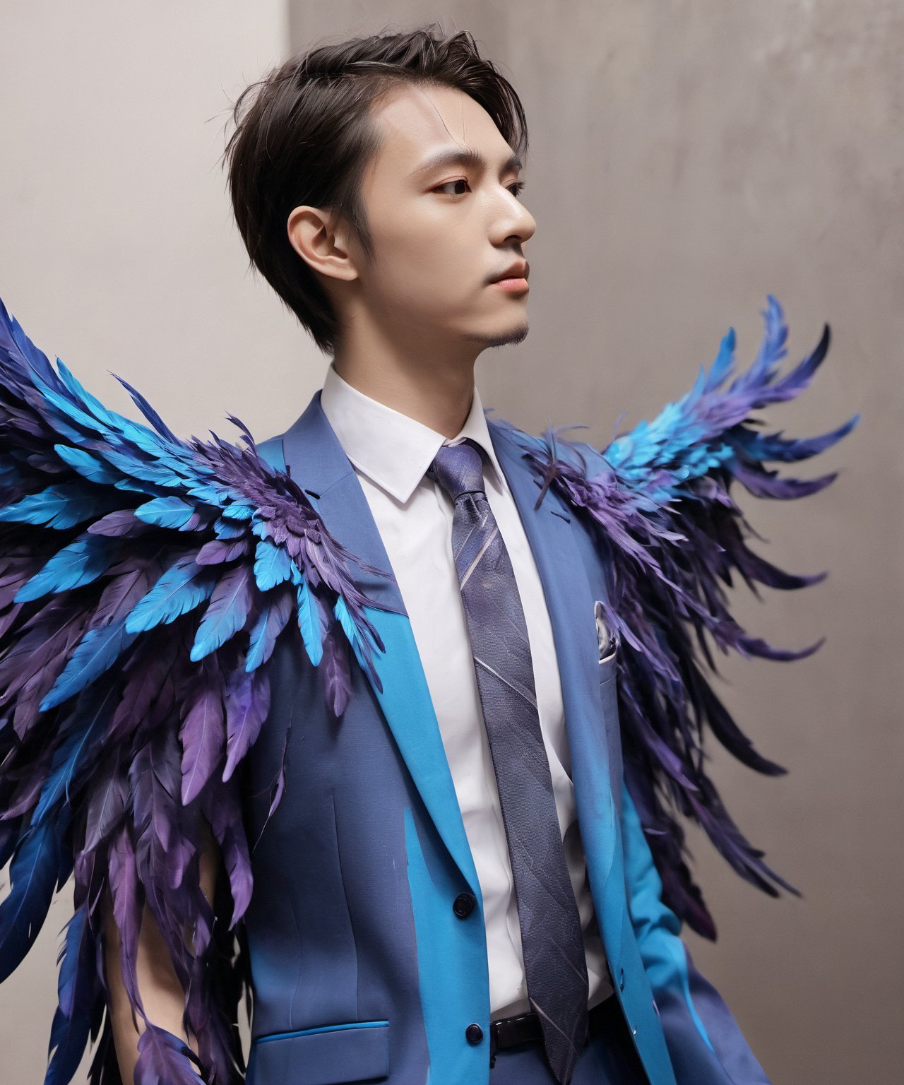 Create an image of a young man wearing a suit, featuring vibrant, dark and blue wings extending from his back. Random movement The background should be plain white, emphasizing the contrast and detailing of the beauty wings and the sharpness of the suit. The man should appear poised and elegant, with the wings unfurled to showcase a spectrum of vivid hues, blending seamlessly from one color to another. The focus should be on the meticulous details of the wings’ feathers and the suit’s fabric, capturing a harmonious blend of natural and refined elements, wings,Stylish, close up,l3min,xxmixgirl