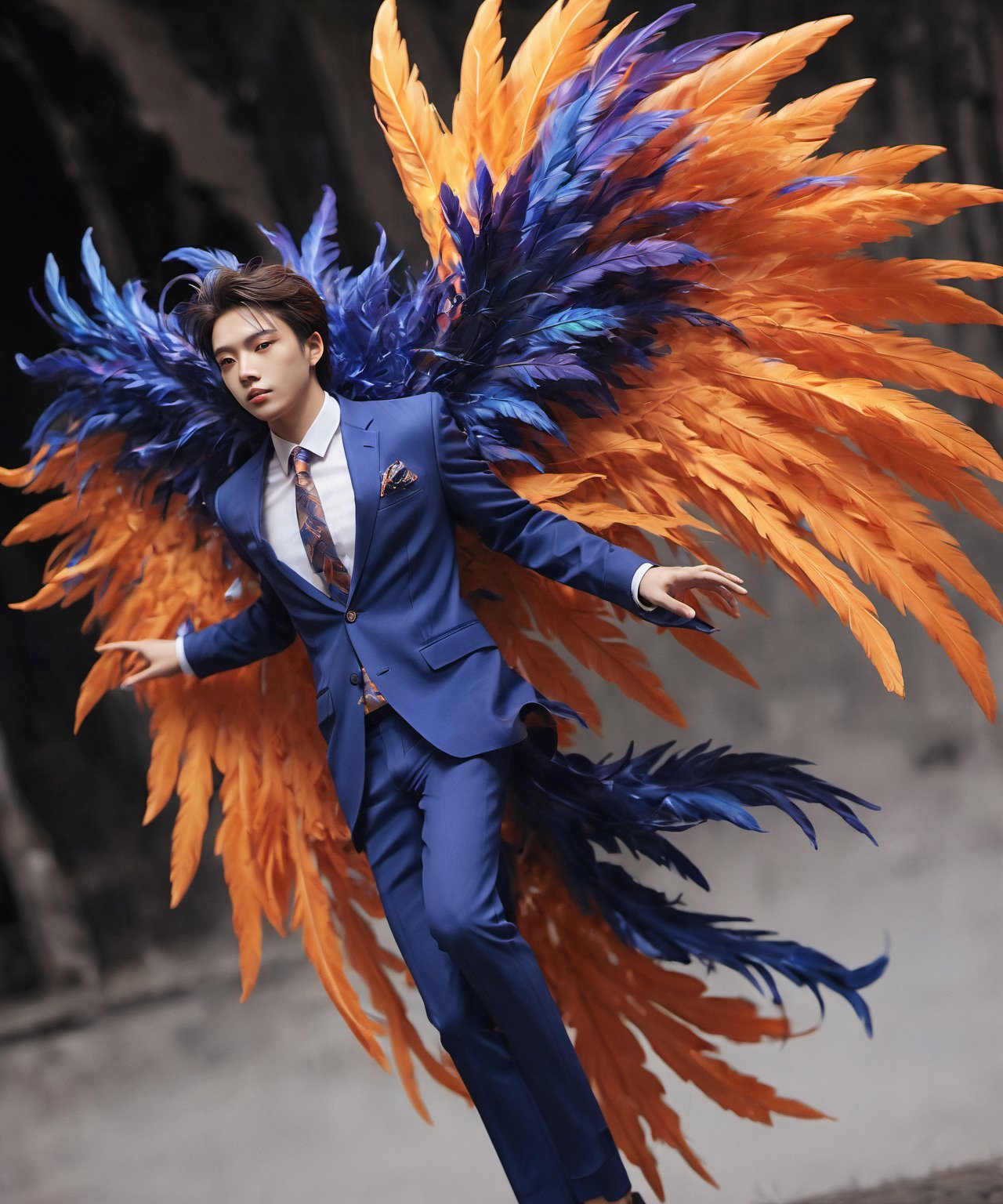 Create an image of a young man wearing a suit, featuring vibrant, dark and blue wings extending from his back. Random movement The background should be plain white, emphasizing the contrast and detailing of the beauty wings and the sharpness of the suit. The man should appear poised and elegant, with the wings unfurled to showcase a spectrum of vivid hues, blending seamlessly from one color to another. The focus should be on the meticulous details of the wings’ feathers and the suit’s fabric, capturing a harmonious blend of natural and refined elements, wings,Stylish, close up,l3min,xxmixgirl