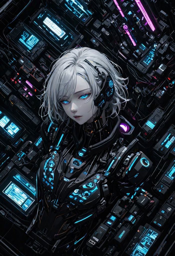 a woman, 21 years old, pale skin, white hair, closed eyes, medium hair, lying, upper body, from above, top view, plugged to a machine, cyberpunk, wires,  mechanical prosthesis, mechanicals arms, cyberpunk theme, dark theme, neon, lights, screen ,fan, cybernetic implant, cyborg, robotic arms, robotic