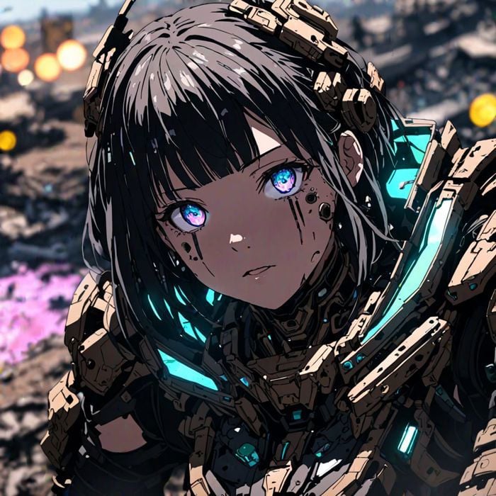 a broken ruined cyborg girl in a landfill, robot, beautiful face, body is broken with scars and holes, laying on the ground, 8K, (dynamic perspective), sharp focus, (depth of field, bokeh:1.3), extremely detailed eyes and face, beautiful detailed eyes, hyperpunk scene, cinematic lighting, reflective transparent iridescent opaque jacket, long transparent iridescent RGB hair, ((masterpiece, best quality)), niji, from above, upper body, navel, sachin teng