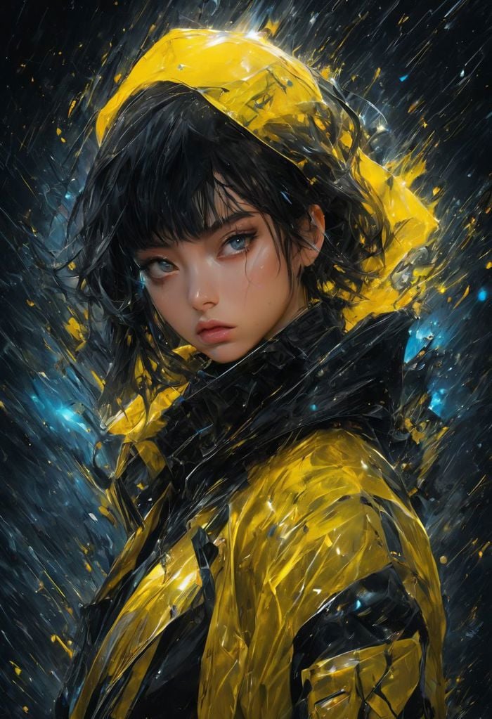 medium shot anime artwork::in a cyberpunk world, Ana de Armas as Joi from Blade Runner 2049, wearing a see through plastic yellow raincoat over a black leather mini dress, blue hair medium bob haircut, pouty lips, alluring captivating piercing eyes, porcelain skin, deep color gradient scheme, hyper detailed, intricate, epic anime art trending on behance 