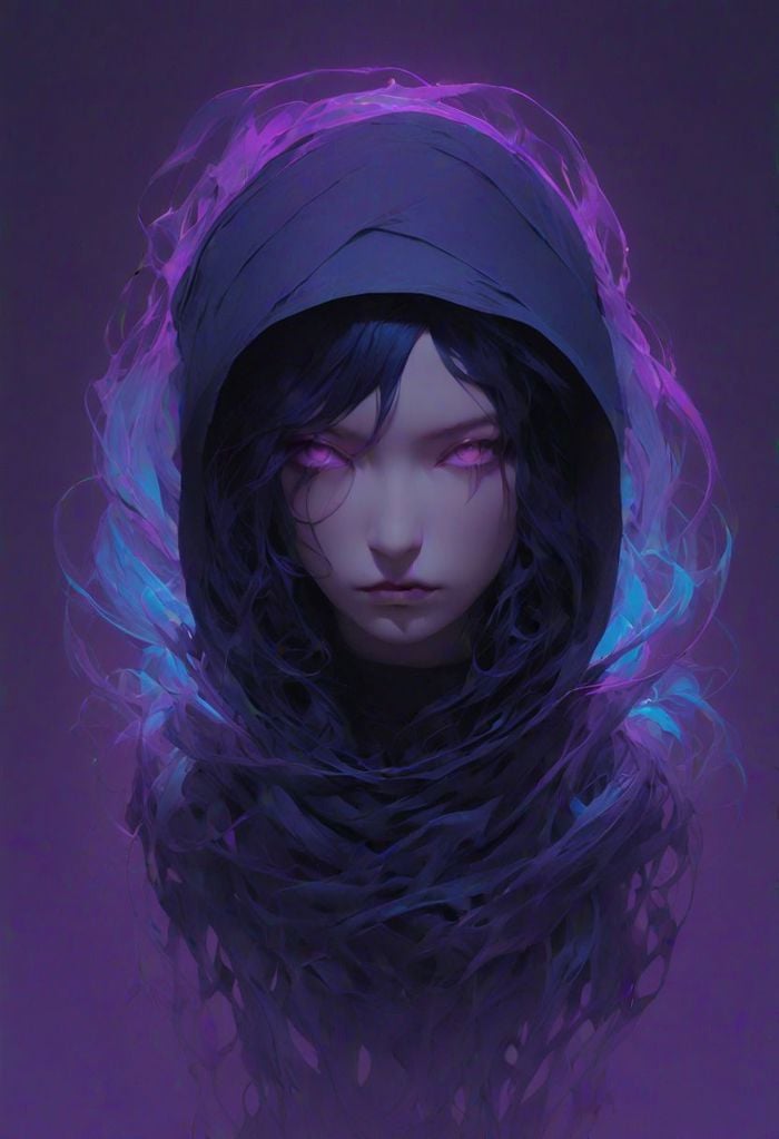 minimalism style,anime ,(1girl ),portrait,lip, hood,-material- helmet, fluorescent blue gradient background, deep purple hair,Loose waves hair, Troy Brooks,Hellenistic , (masterpiece,best quality,niji style)