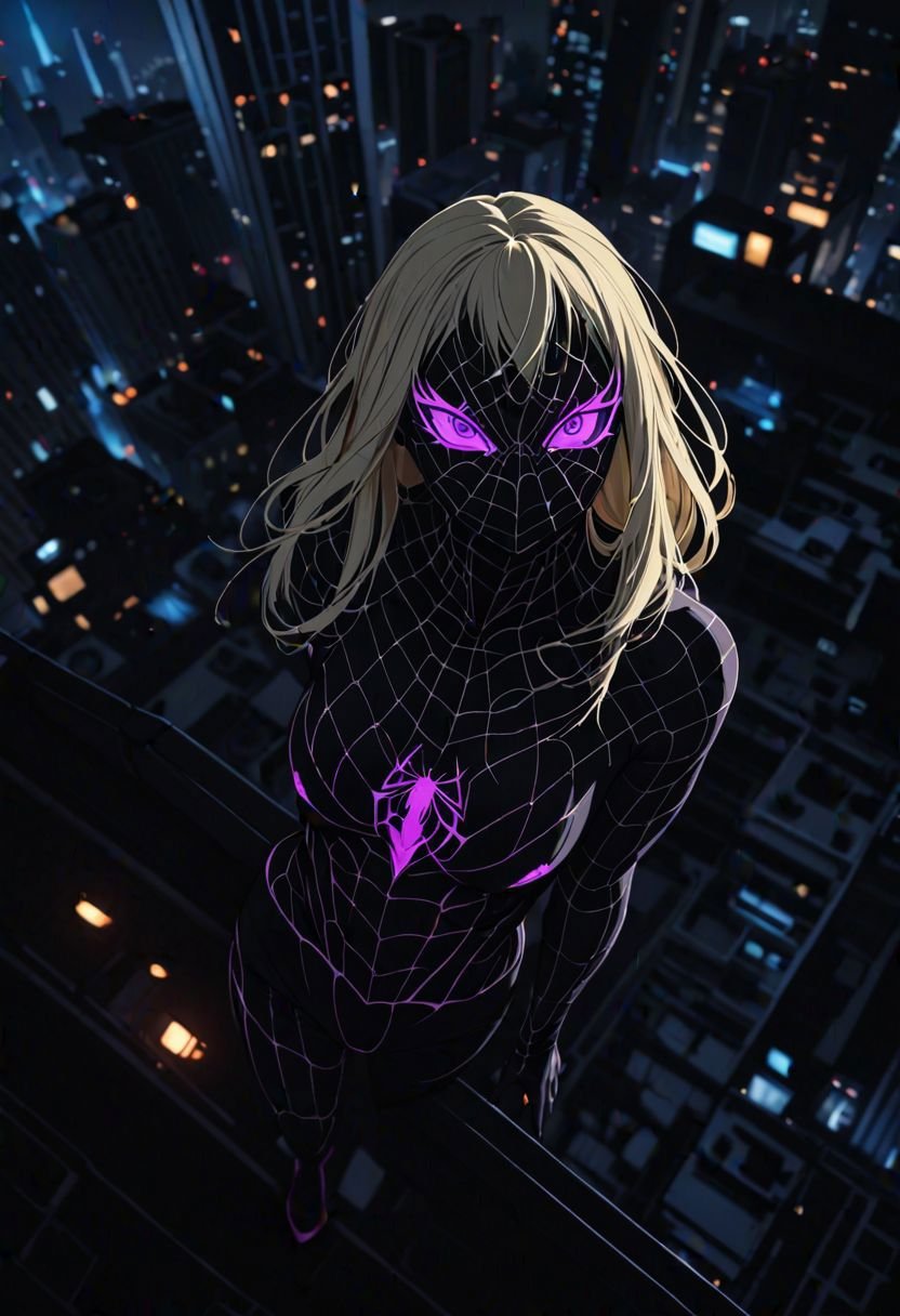 (blacklight:1.4), dark theme, cinematic film still, blonde girl wearinga white spidergirl costume with black lines, close up on the roof of a building, nipples , night city in the distance, film grain, dynamic pose, epic realism, RAW photo, 8K, highly detailed, depth of field, Close up portrait, camera slightly from above, looking away, silk