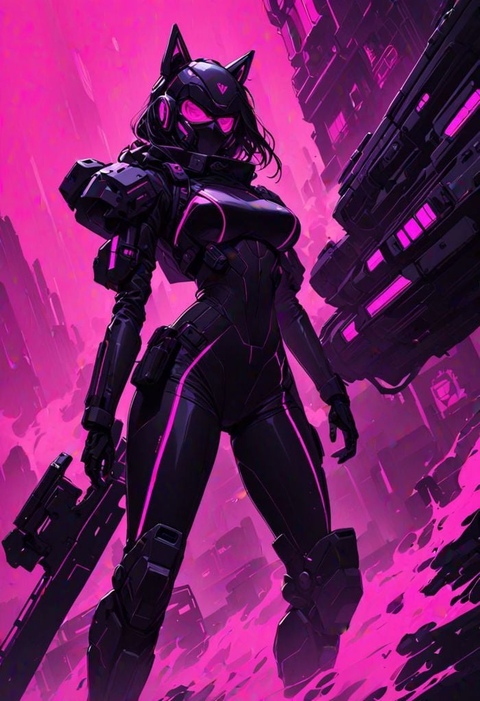 from below, amazing artwork of a girl with a tight black mecha outfit and cat ears, she is wearing a (fluorescent yellow trenchcoat:1.001) and she is wielding a giant chainsaw, helm mask, solo. Style of Casey Baugh. fluorescent pink smoke on the background, night, high contrast, cloth floating in the wind, strong wind, mecha girl, super high contrast fluorescent colorscyberpunk, vaporwave, neon, vibes, vibrant, stunningly beautiful, crisp, detailed, sleek, ultramodern, magenta highlights, dark purple shadows, high contrast, flat color style,ambient lighting,