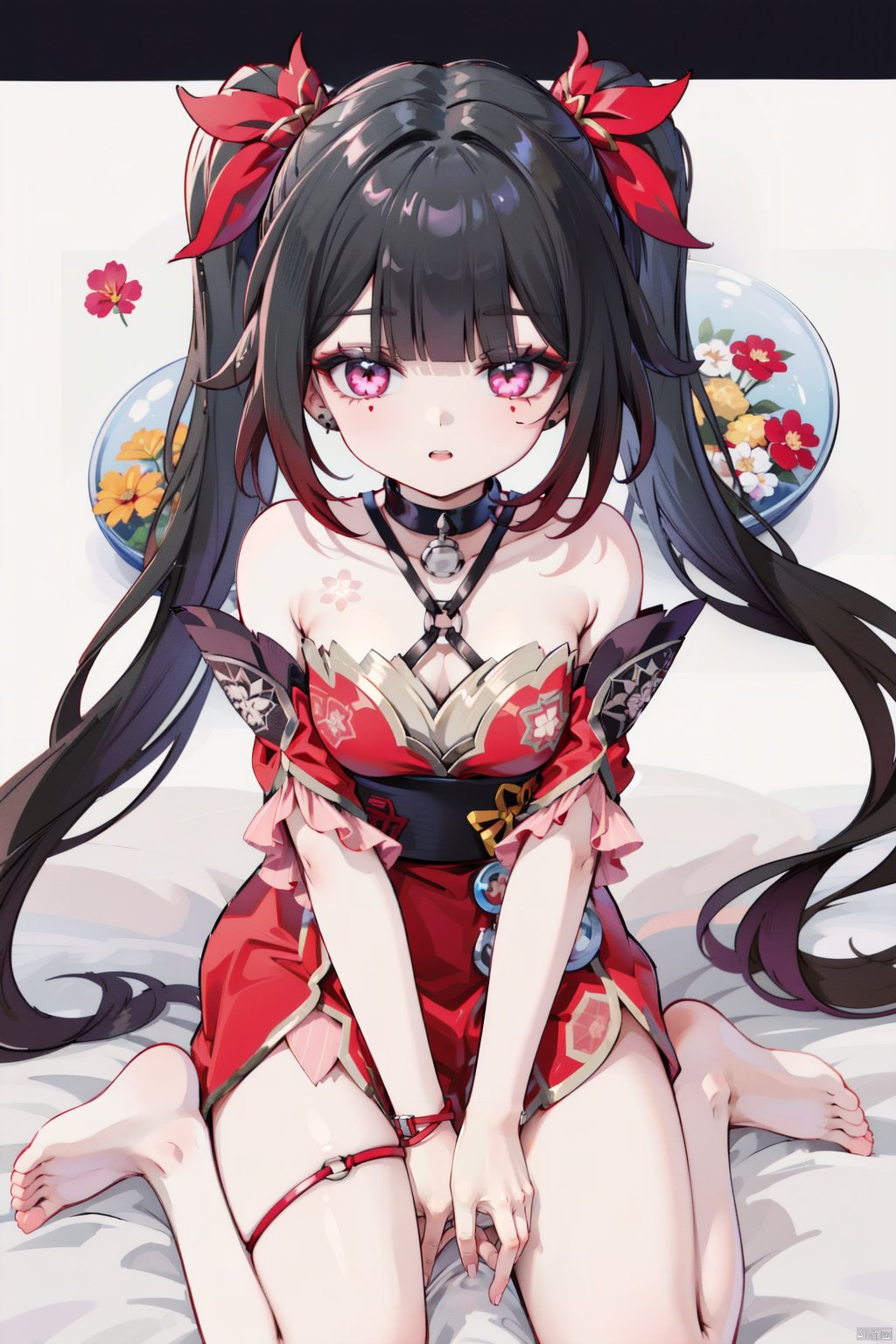  masterpiece,best quality,very long hair,cowboy shot,girl,solo,flower,animal ers,ititing,mingirl,warizadress,hair. _ornament,black_ dress,short. sleeves,long_ hair,hair_ flower,ribbon,puffy sleeves,food,rose,looking _at _viewer,uffy_ _short. sleeves,very_ [ong_ hair,bow,barefoot,details eyes,v_ arms,between_ legs