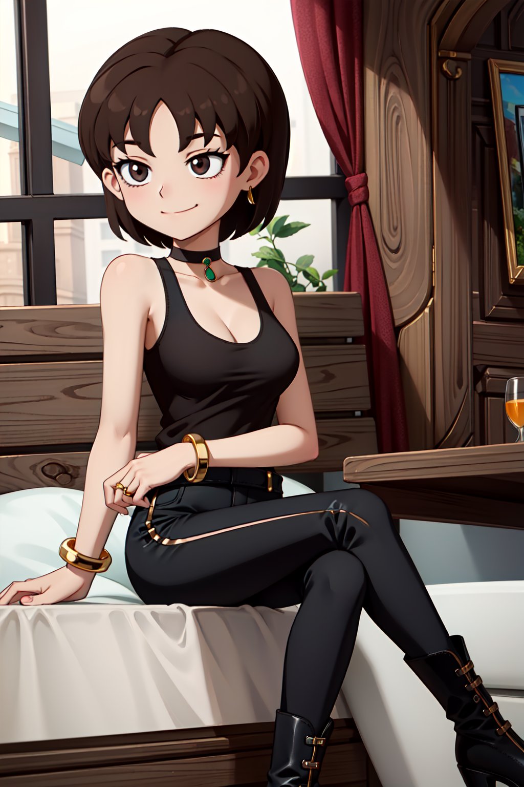 (1girl,solo,Diw, brown hair, short hair, jewelry, choker, bracelet, pink tank top, black pants, crossing arms,happy, closed mouth,sitting, black boots, high heel boots)<lora:EMS-309460-EMS:1.000000>