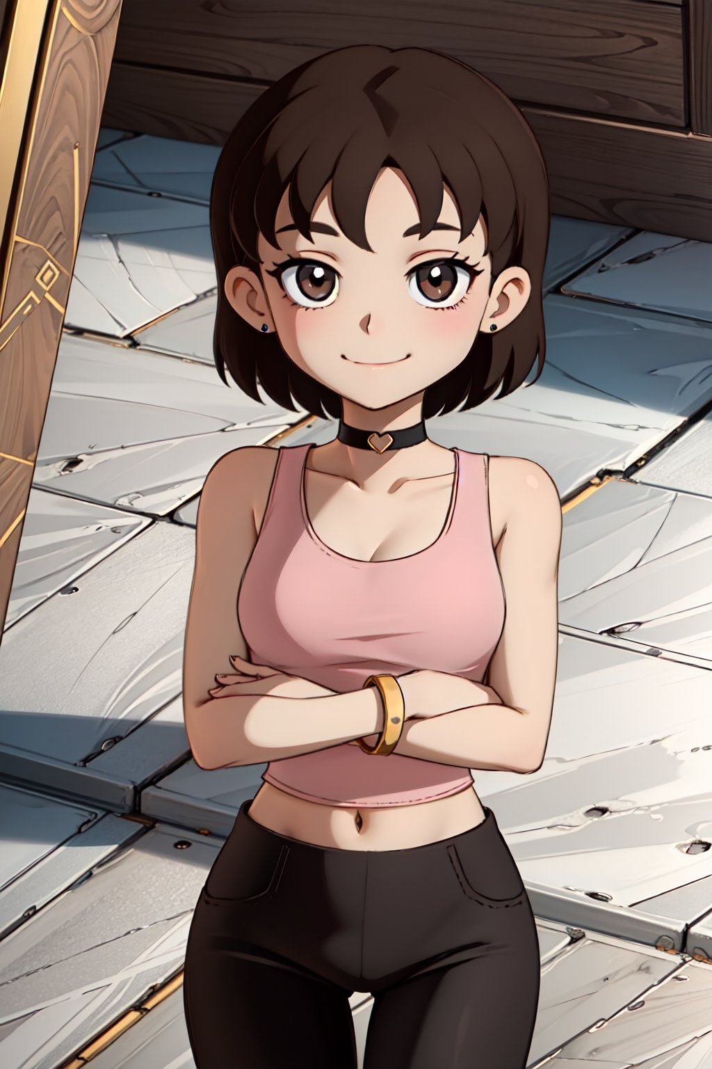 (1girl,solo,Diw, brown hair, short hair, jewelry, choker, bracelet, pink tank top, black pants, crossing arms,happy, closed mouth)<lora:EMS-309460-EMS:1.000000>