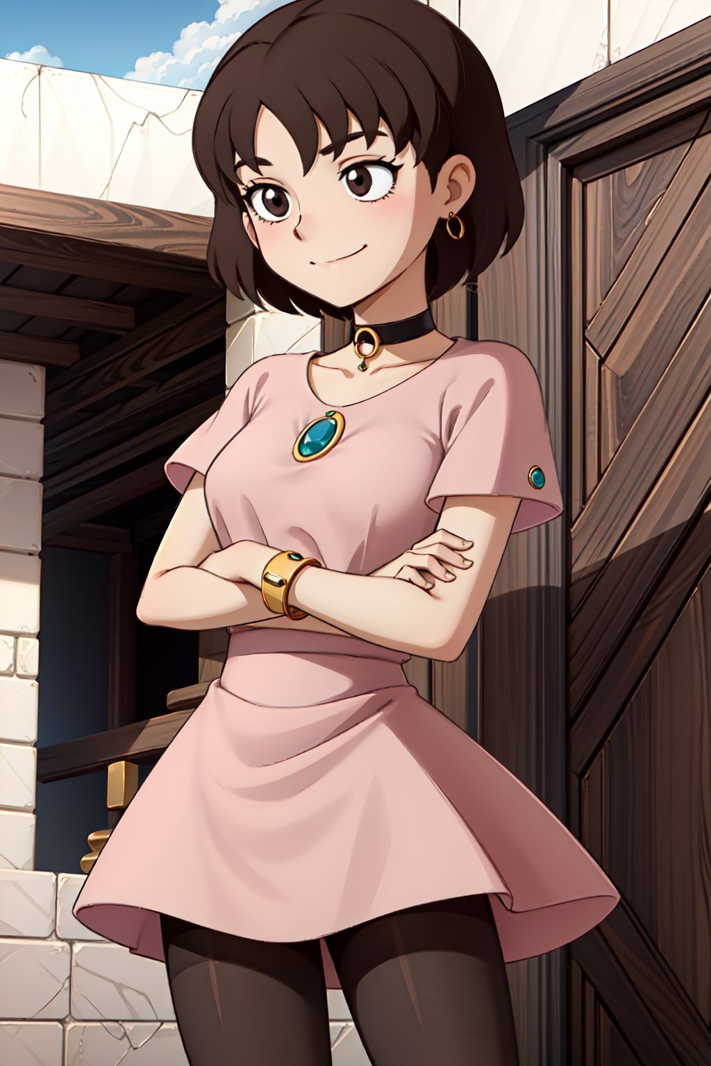 (1girl,solo,Diw, brown hair, short hair, jewelry, choker, bracelet, pink shirt,blck pantyhose, pink skirt, crossing arms,happy, closed mouth)<lora:EMS-309460-EMS:1.000000>